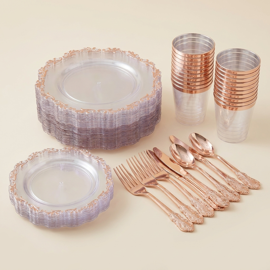 Full 175-piece clear rose gold set: plates, cutlery and cups