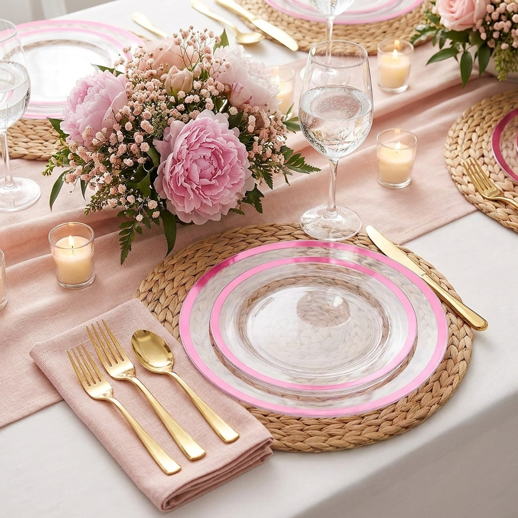 Clear pink-rim plate place setting with gold cutlery and pink peonies