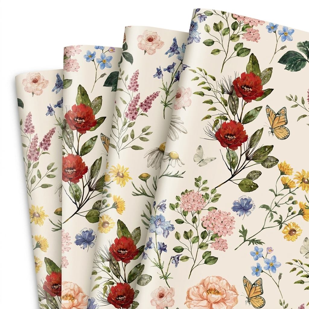 Vintage wildflower cream floral wrapping paper, 6 flat sheets fanned out