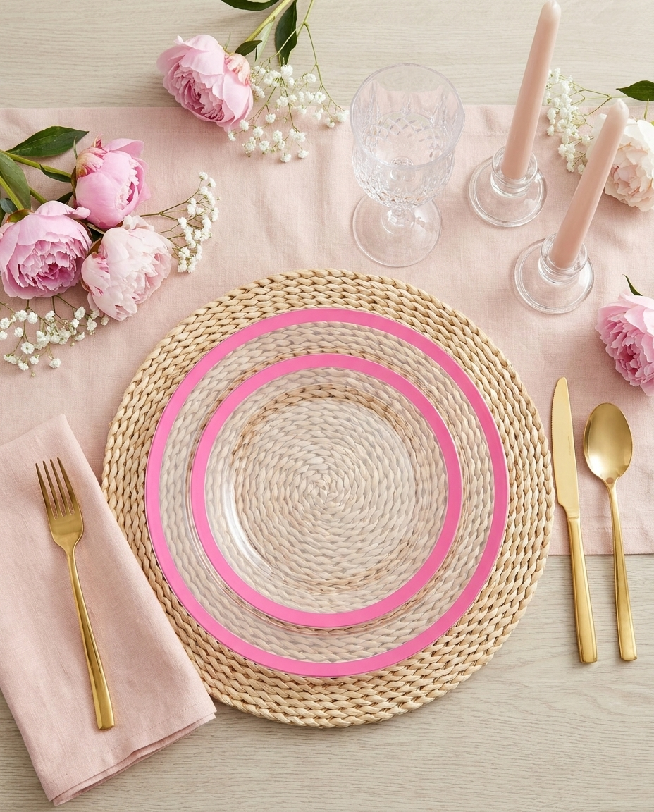 Overhead flat-lay of clear pink-rim place setting with peonies and baby's breath