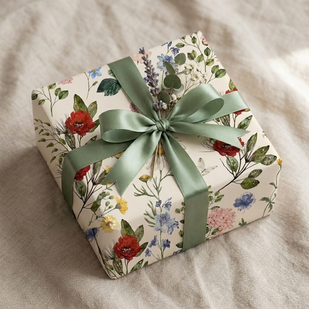 Gift wrapped in vintage wildflower paper with sage ribbon