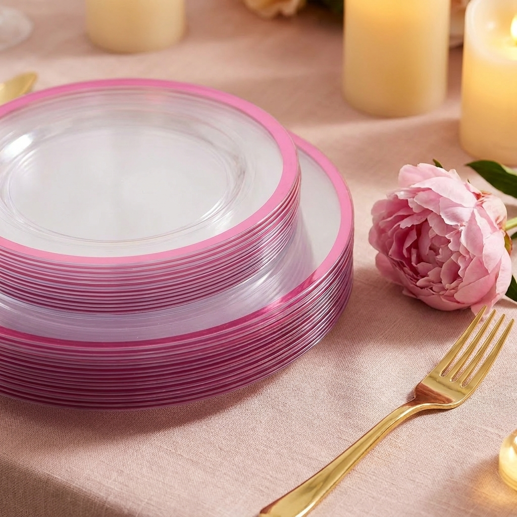 Close-up of stacked clear plates with bright pink rims