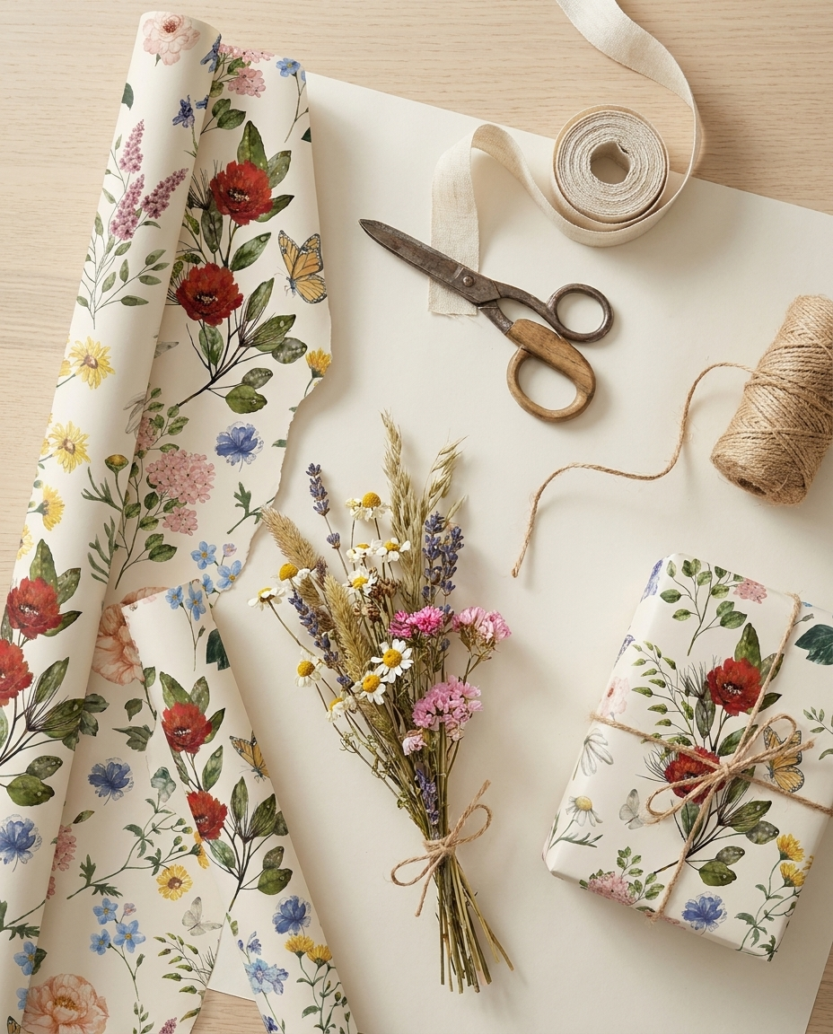 Flat-lay of vintage wildflower wrapping paper with ribbon and dried flowers