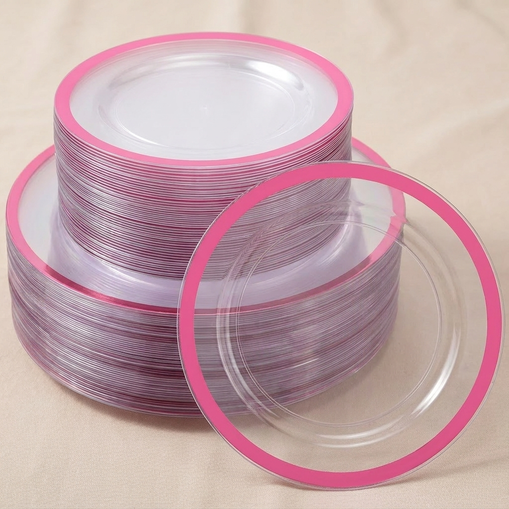 Full 100-piece clear pink-rim dinnerware set