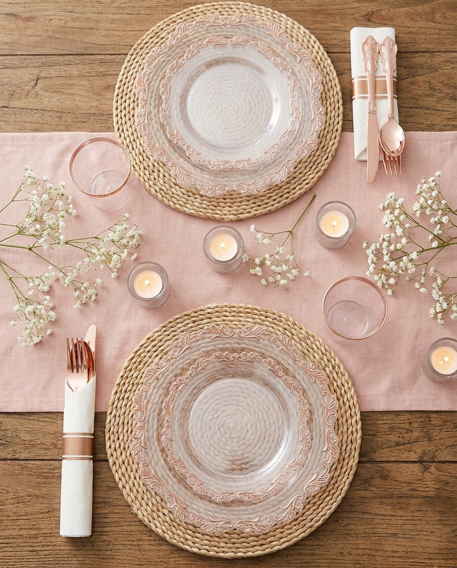 Overhead flat-lay of clear rose gold dinnerware table setting for two