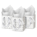 Mini white and silver metallic gift bags with tissue paper
