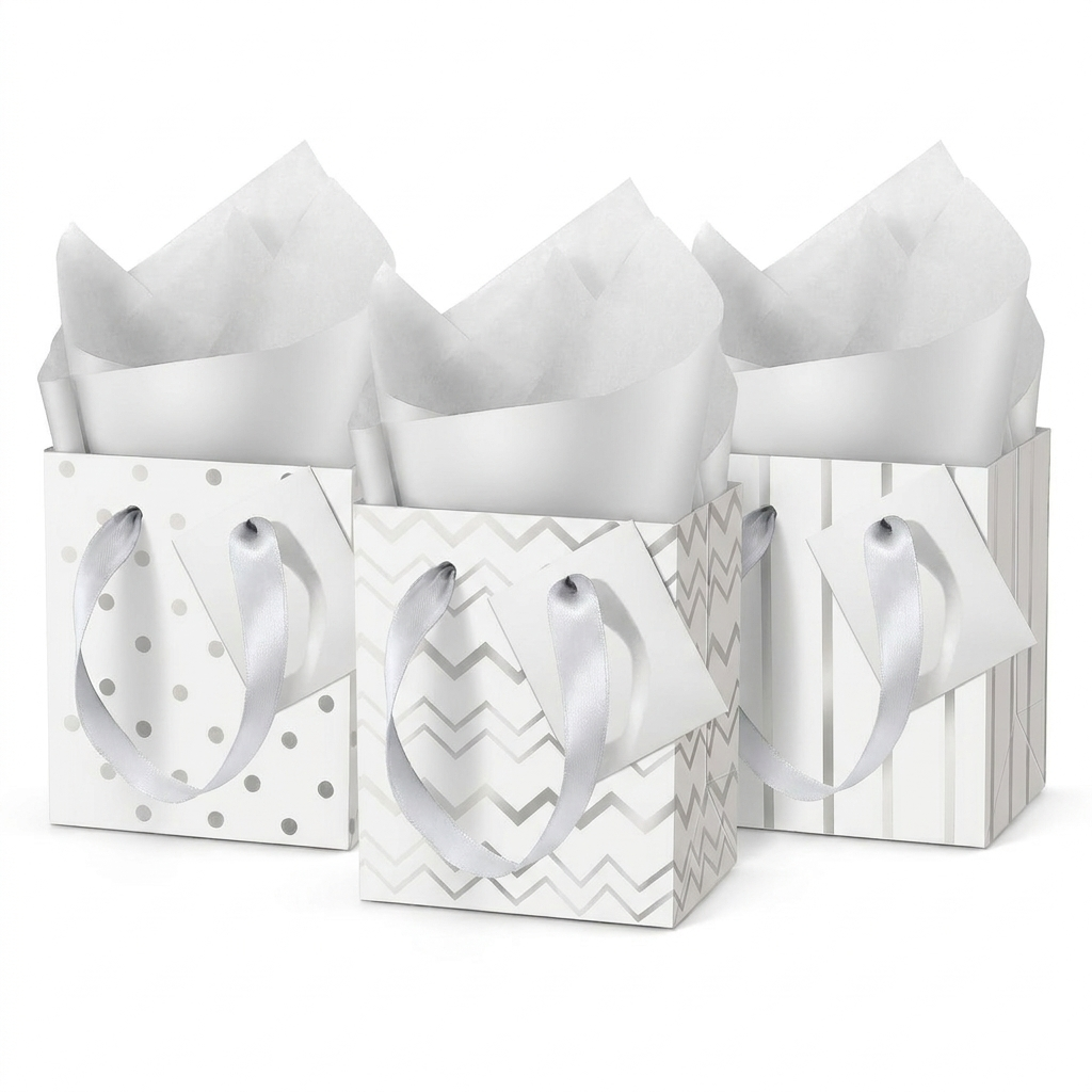 Mini white and silver metallic gift bags with tissue paper