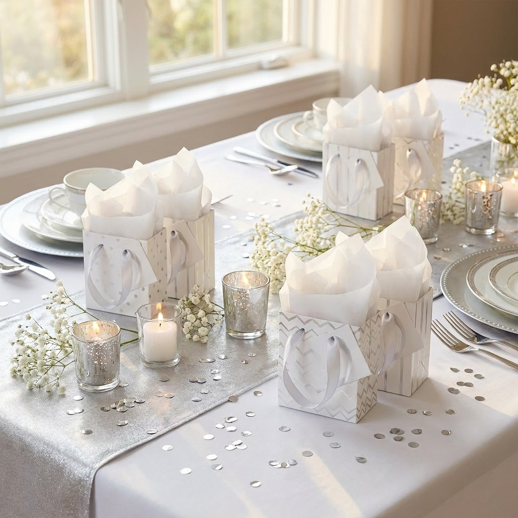 White silver gift bags as favors on a celebration table