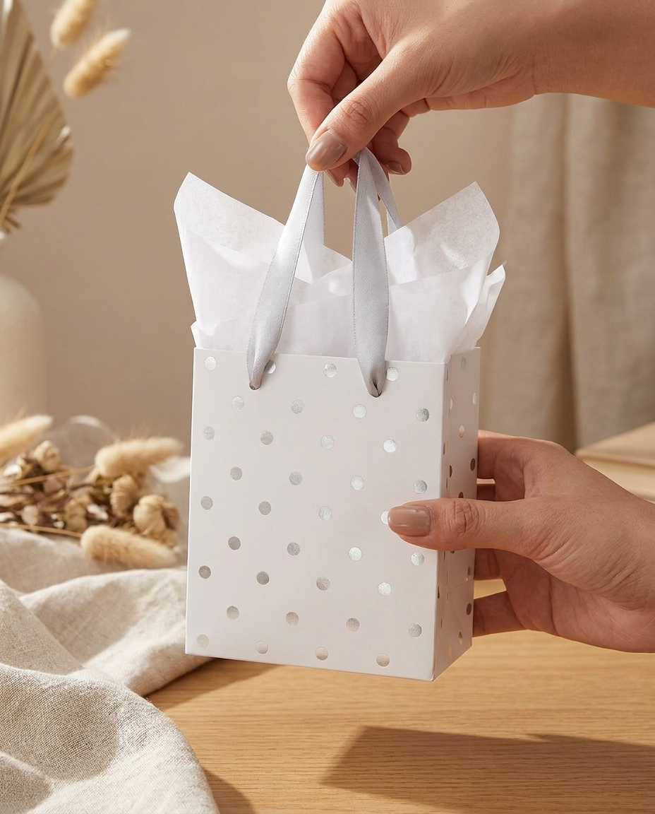 Hand holding a white silver mini gift bag with tissue paper