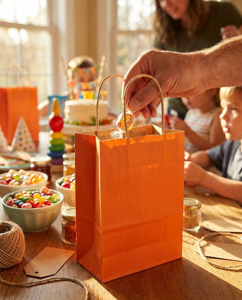 Hand placing candy into an orange gift bag at a party favor station