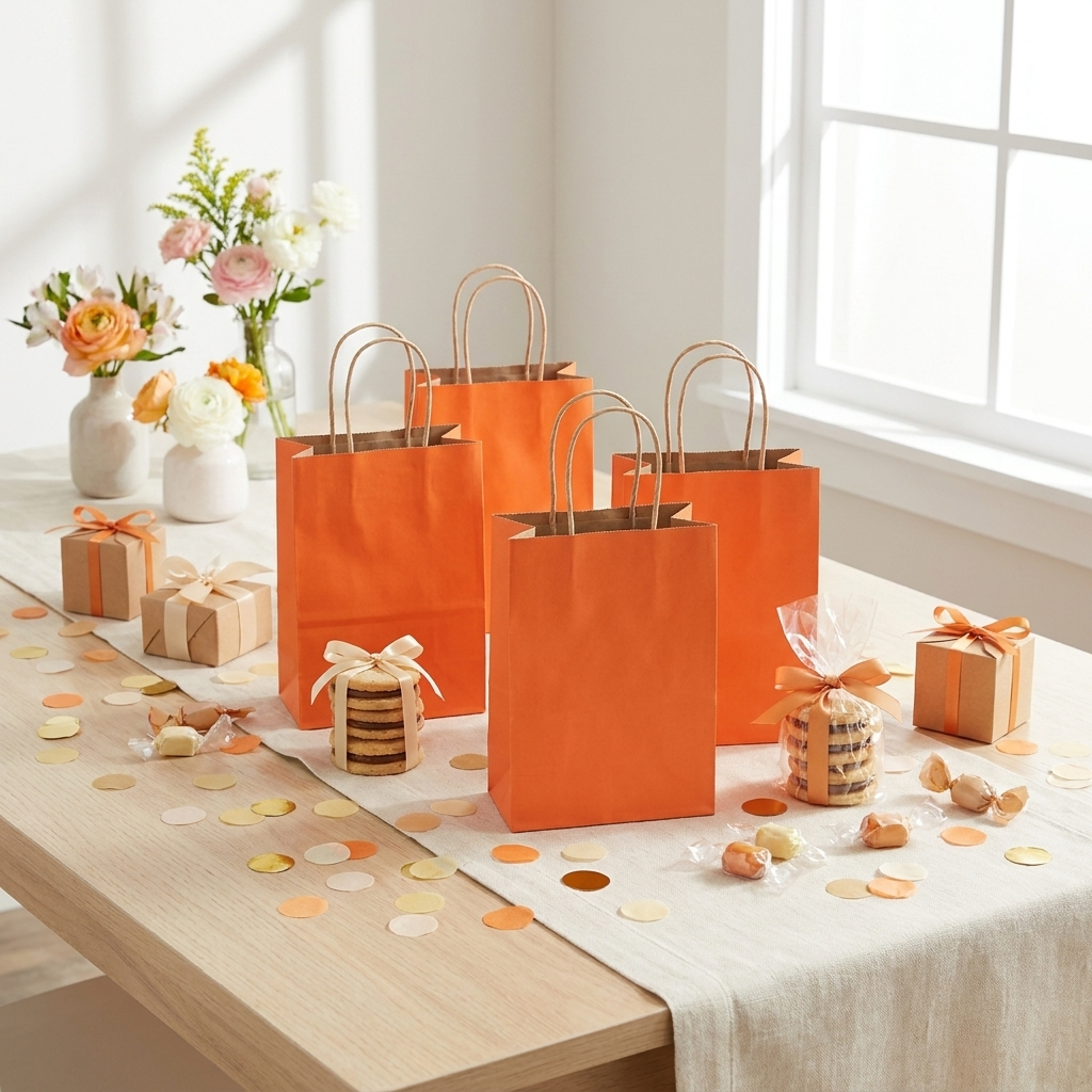 Orange gift bags on a styled party table with treats