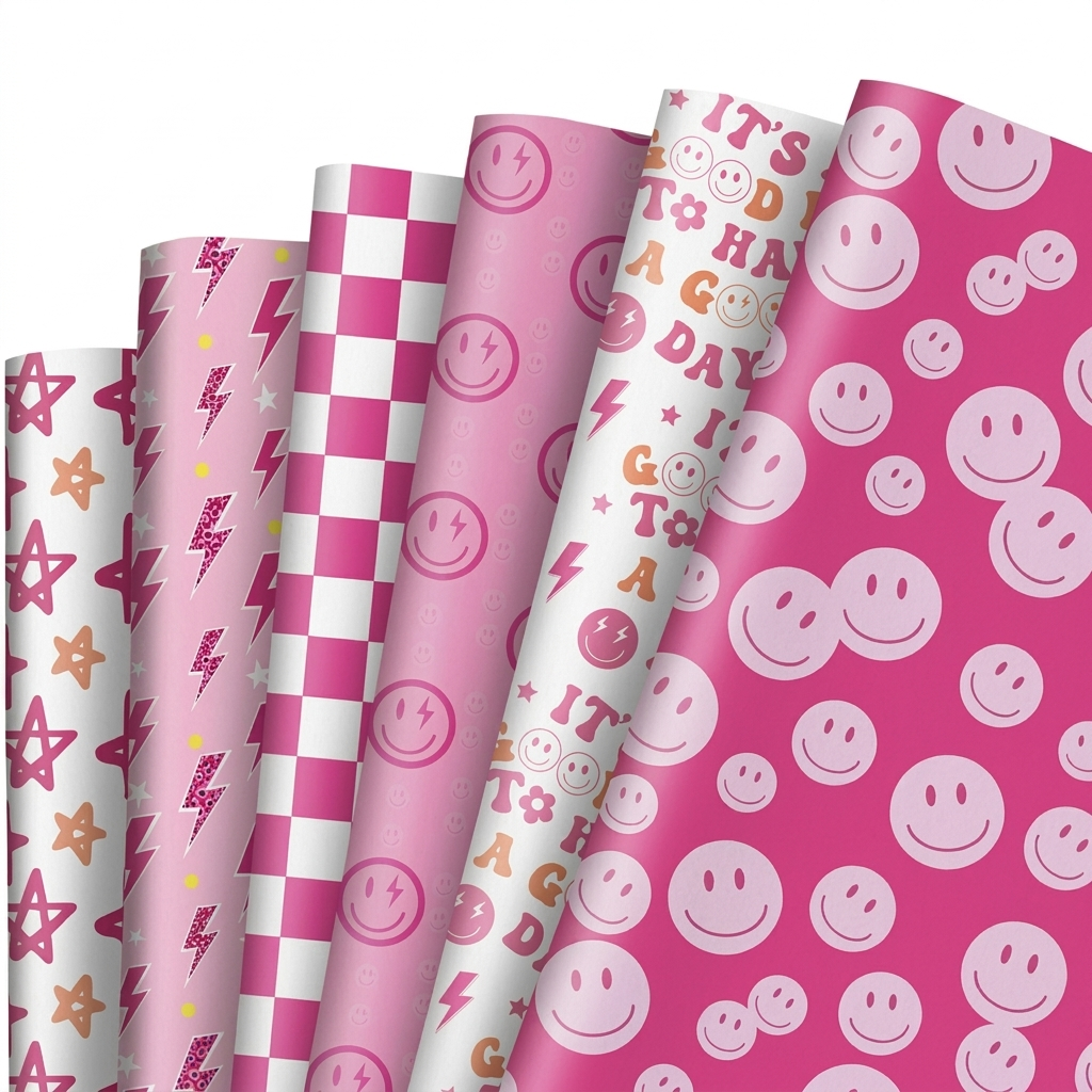 Pink preppy smiley-face, stars and checkerboard wrapping paper, 12 flat sheets fanned out