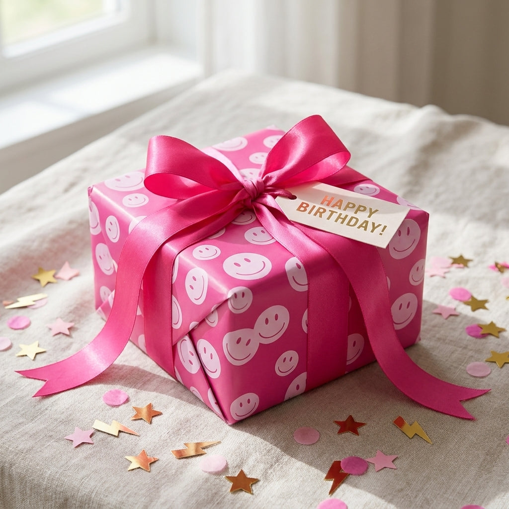 Birthday gift wrapped in pink preppy smiley paper with hot pink ribbon