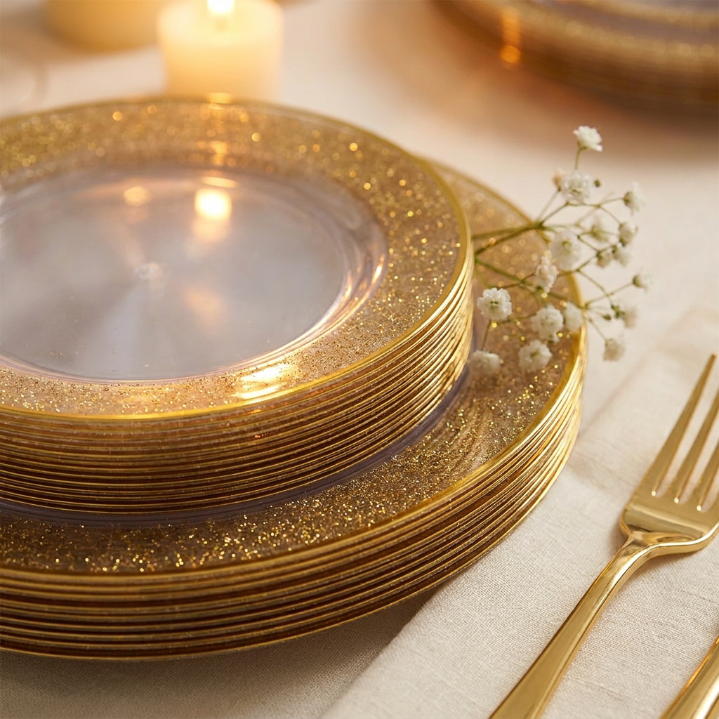 Close-up of stacked clear plates with sparkling gold-flecked rims