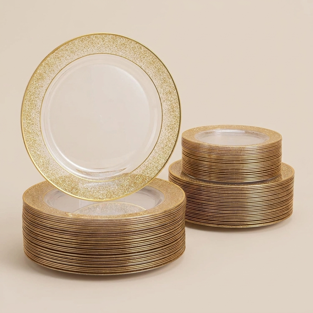 Full 100-piece clear gold-trim dinnerware set