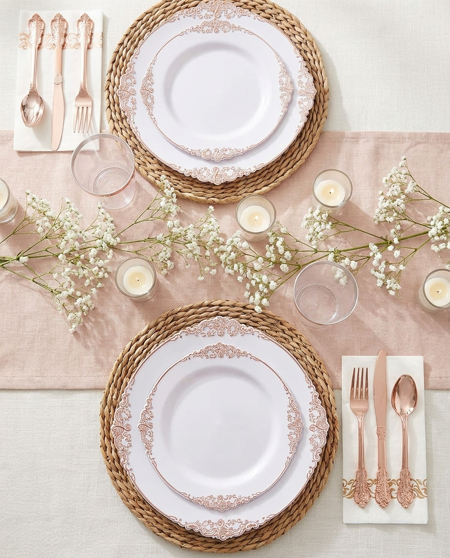 Overhead flat-lay of white rose gold dinnerware table setting for two