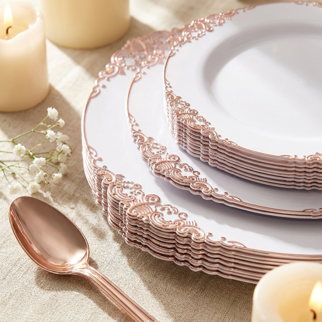 Close-up of white plate with ornate rose gold filigree rim