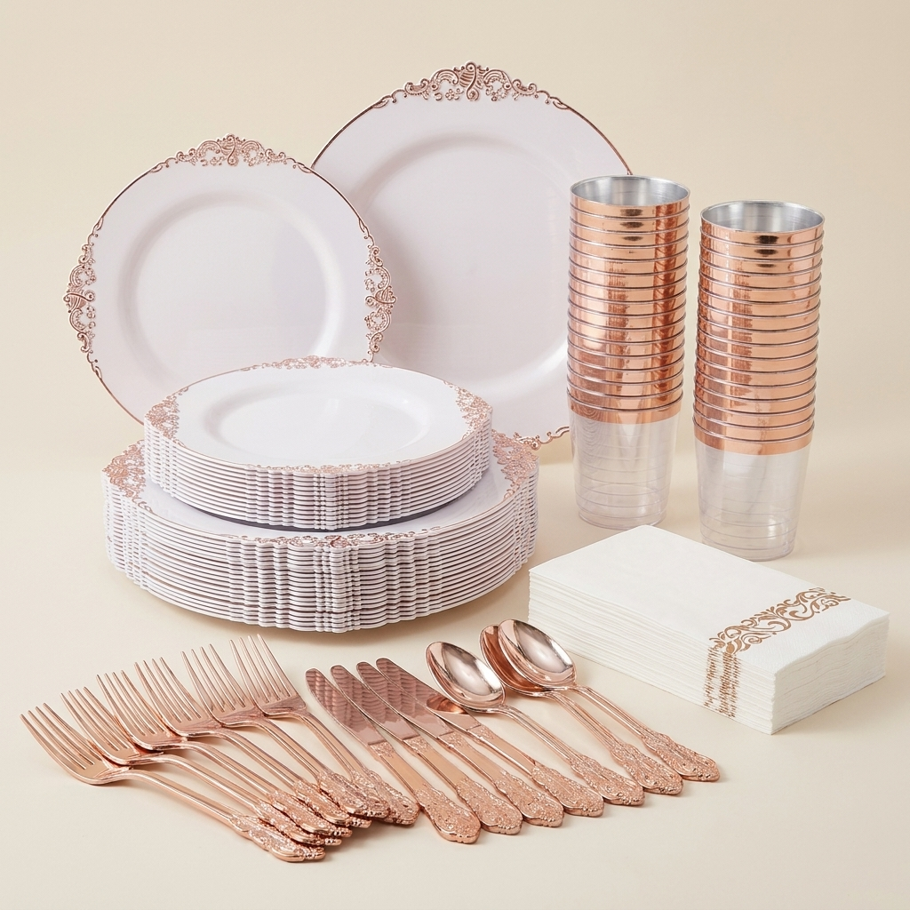Full 175-piece white rose gold set: plates, cutlery, cups and napkins
