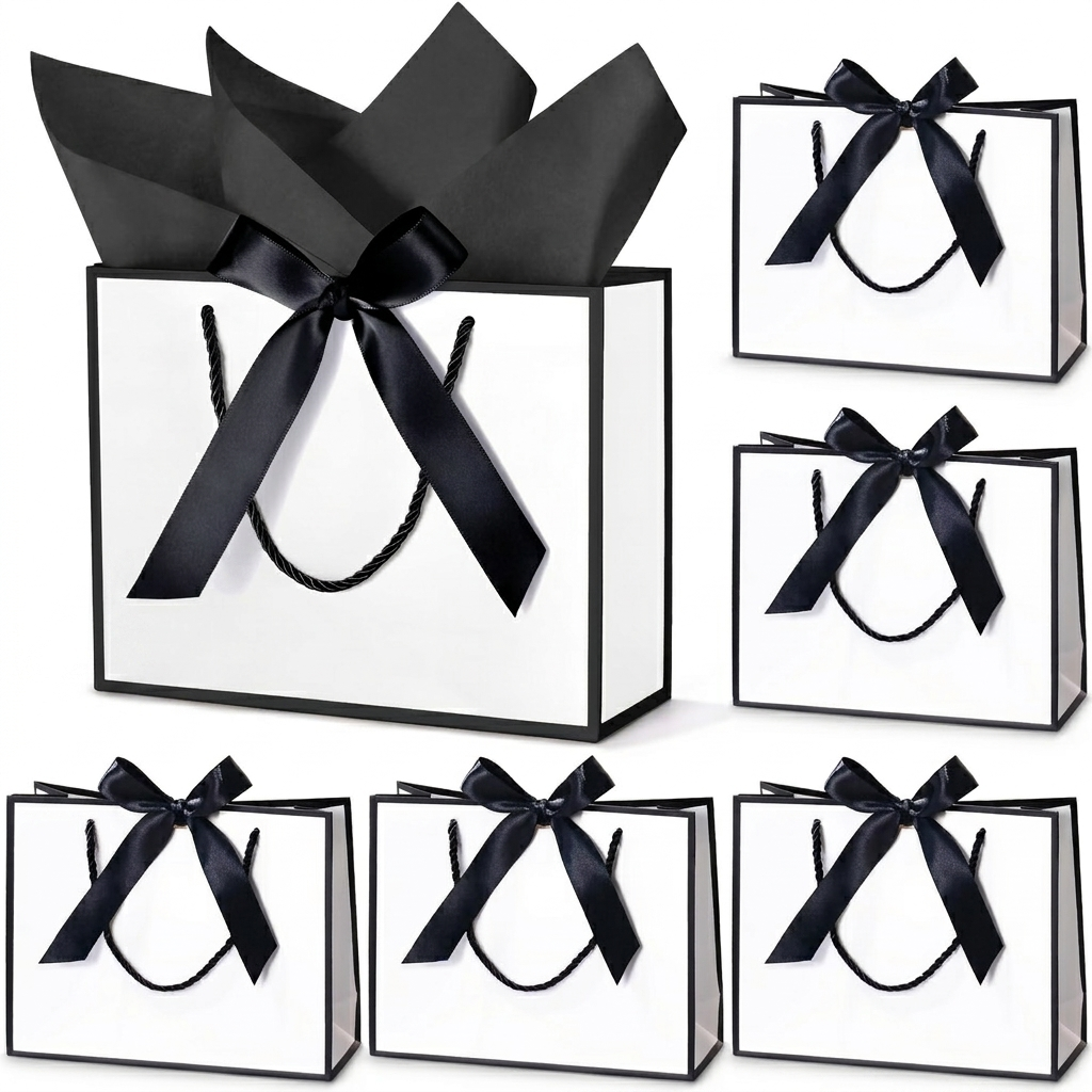 White gift bag with black trim, rope handles, and black satin bow