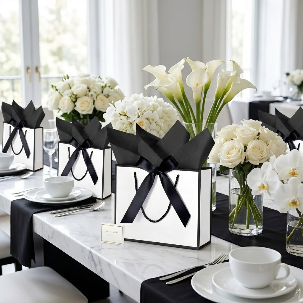 White and black gift bags as wedding favors on a monochrome table