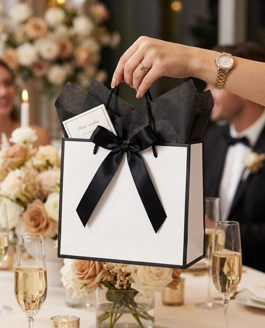 Hand holding a white gift bag with black bow at a celebration