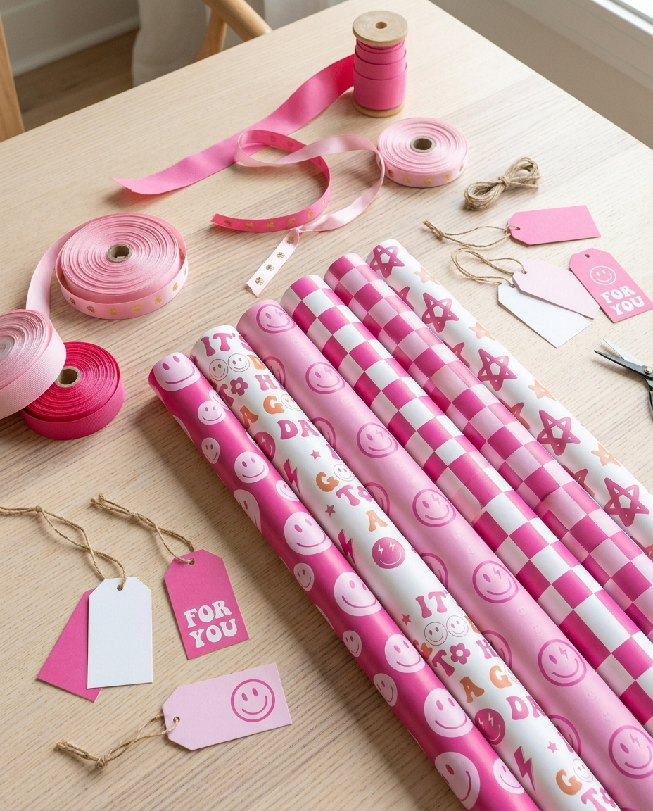 Flat-lay of pink preppy wrapping paper with ribbon and gift tags