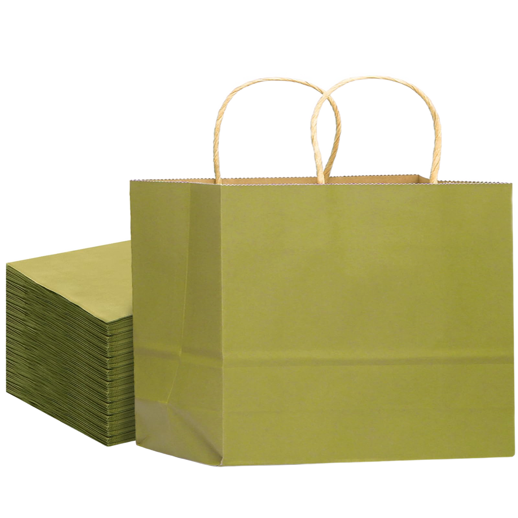 Sage green wide kraft paper gift bag with twisted handles, 32 pack