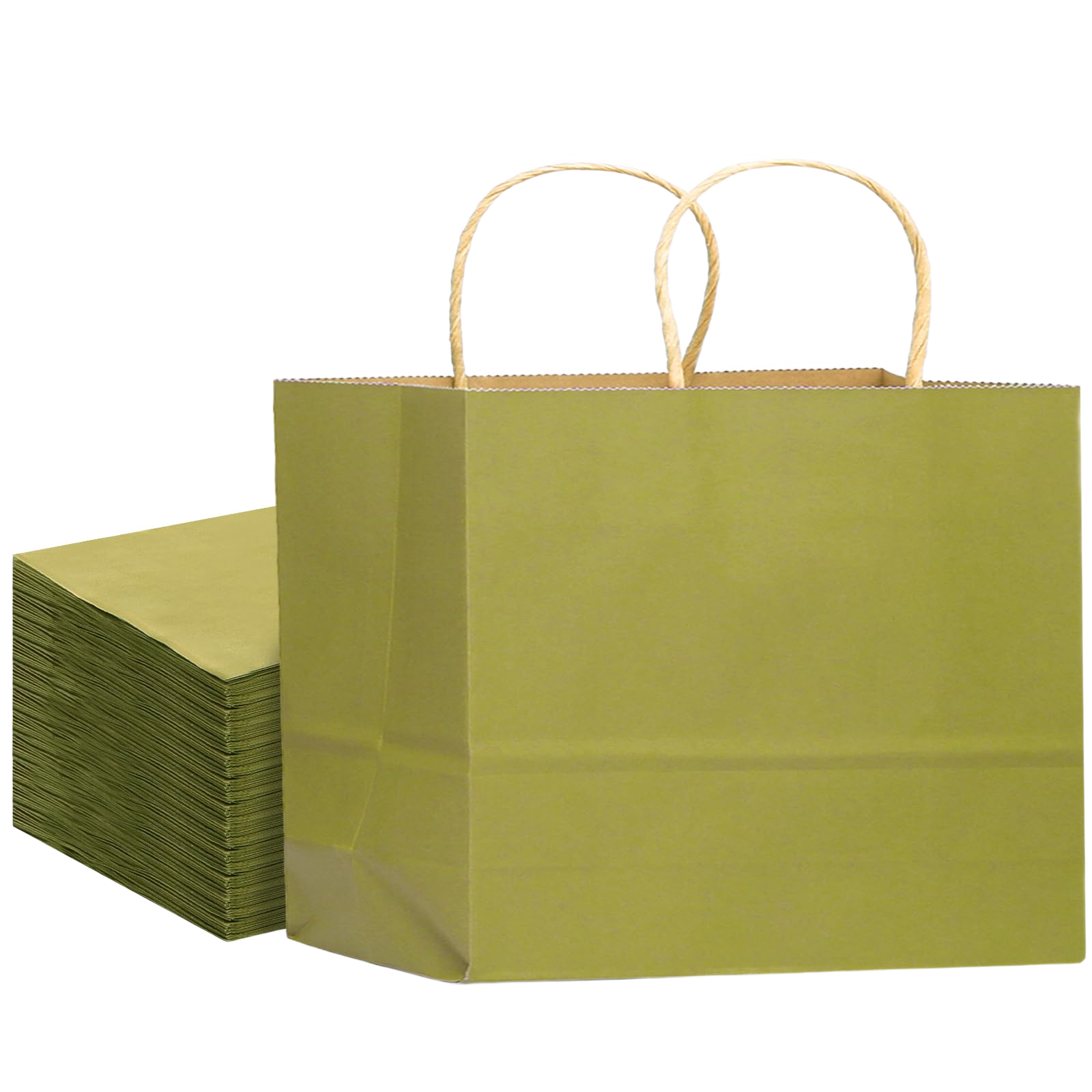 Sage green wide kraft paper gift bag with twisted handles, 32 pack