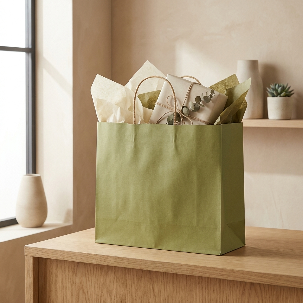 Sage green gift bag on a boutique counter with a wrapped gift
