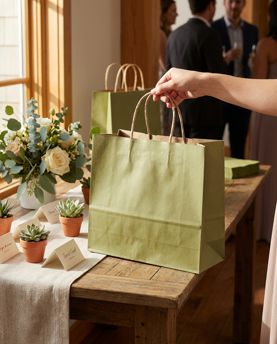 Hand holding a sage green gift bag at a wedding welcome table