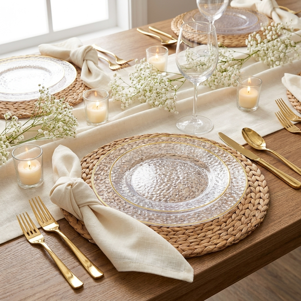Hammered clear gold-rim plate place setting with gold cutlery and woven placemat