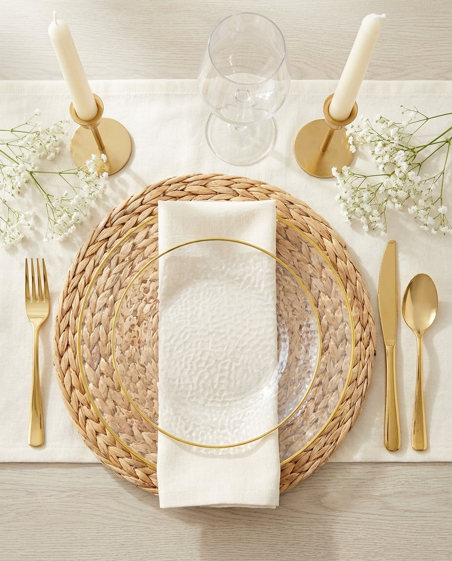 Overhead flat-lay of hammered clear gold-rim place setting with baby's breath
