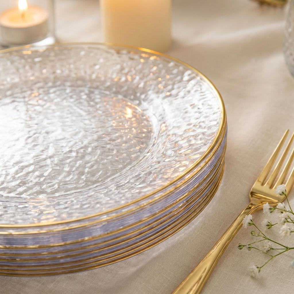 Close-up of stacked hammered clear plates with thin gold rim