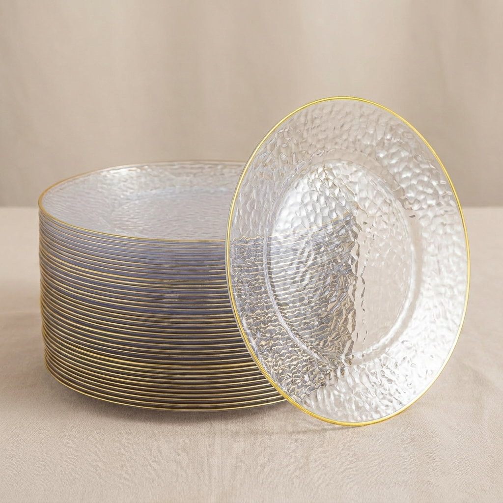 Full 100-pack of hammered clear gold-rim banquet plates