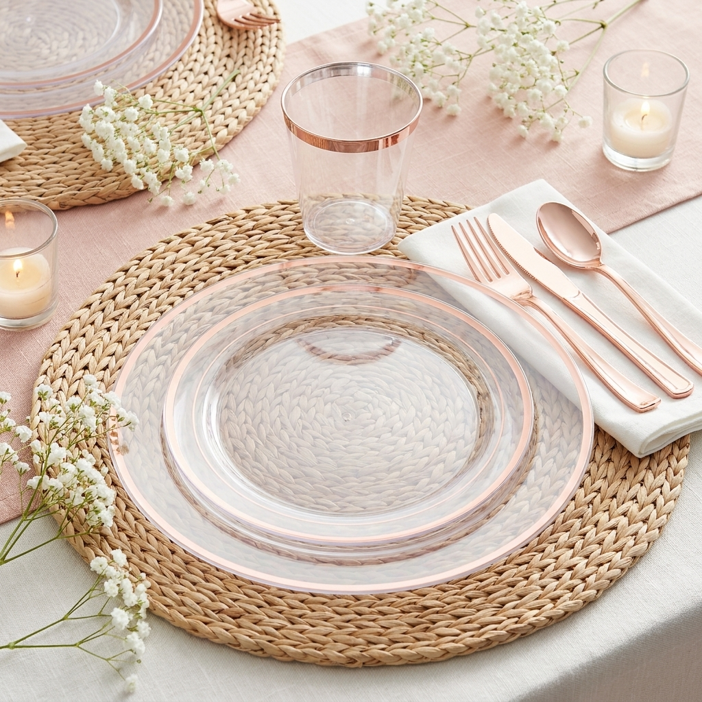 Clear rose gold rim place setting with rose gold cutlery, tumbler and baby's breath