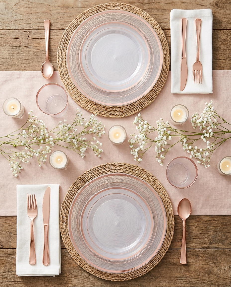 Overhead flat-lay of clear rose gold rim dinnerware table setting for two