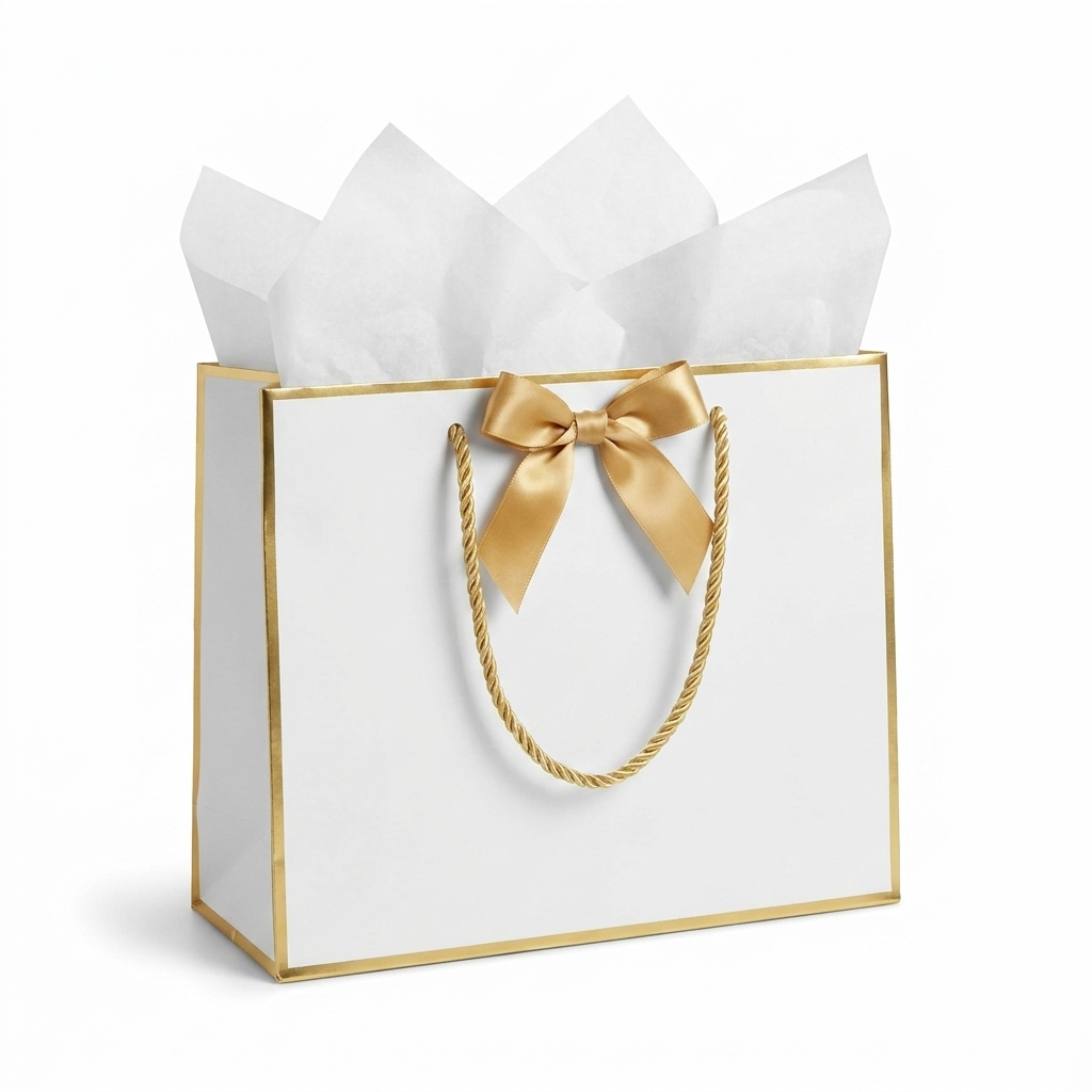 White gift bag with gold trim, rope handles, and gold satin bow