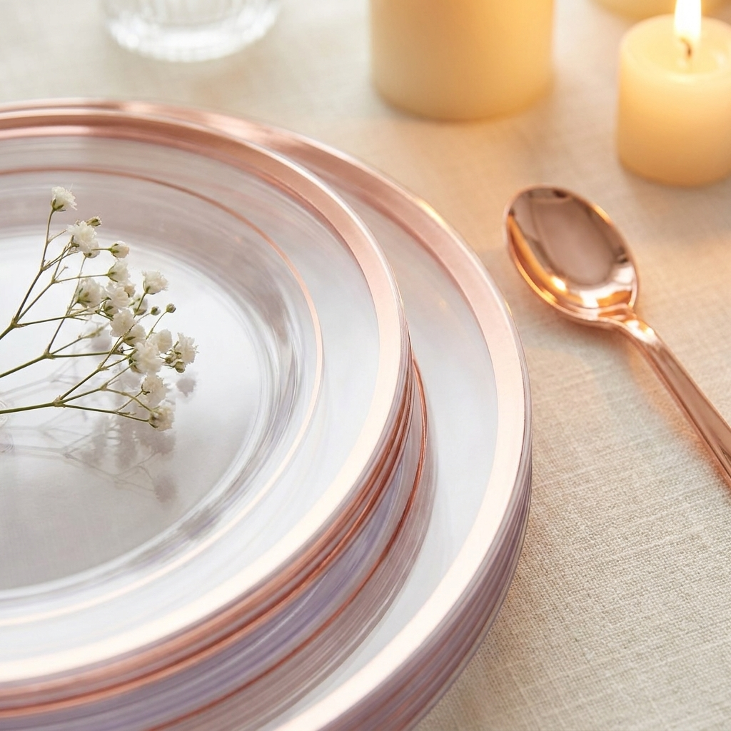 Close-up of clear plate with smooth rose gold rim