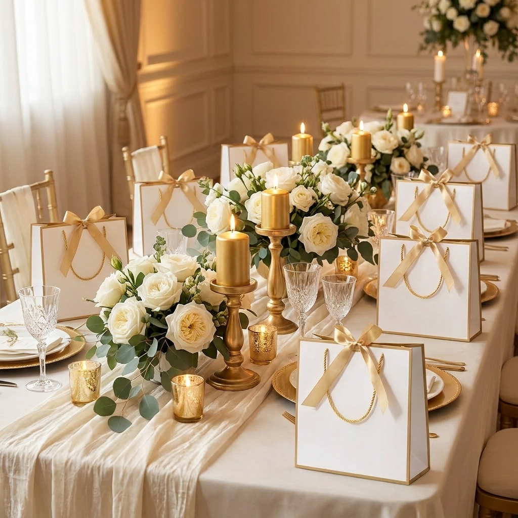 White and gold gift bags as luxury wedding favors on a table