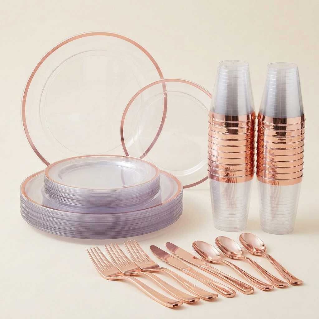 Full 175-piece clear rose gold rim set: plates, cutlery and cups