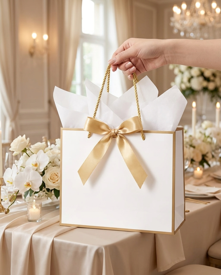 Hand holding a white gift bag with gold bow at a wedding
