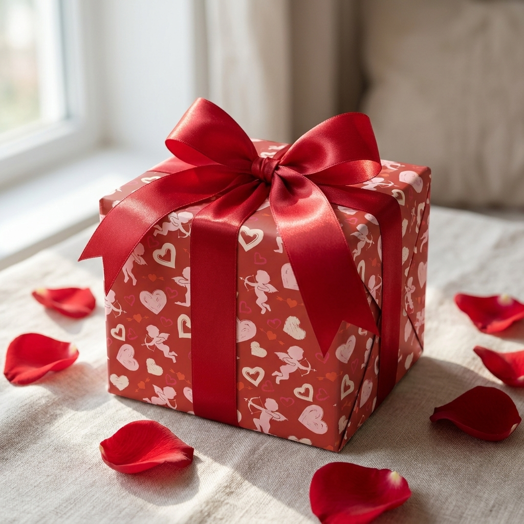 Valentine's gift wrapped in heart paper with red ribbon
