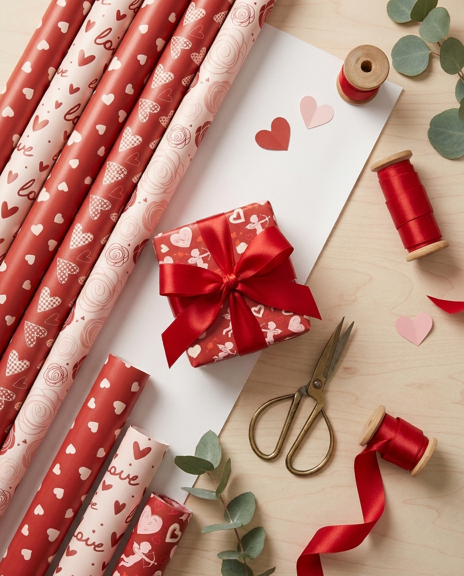 Flat-lay of Valentine's heart wrapping paper with red ribbon