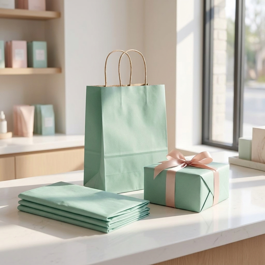 Seafoam green gift bag on a boutique counter with a wrapped gift