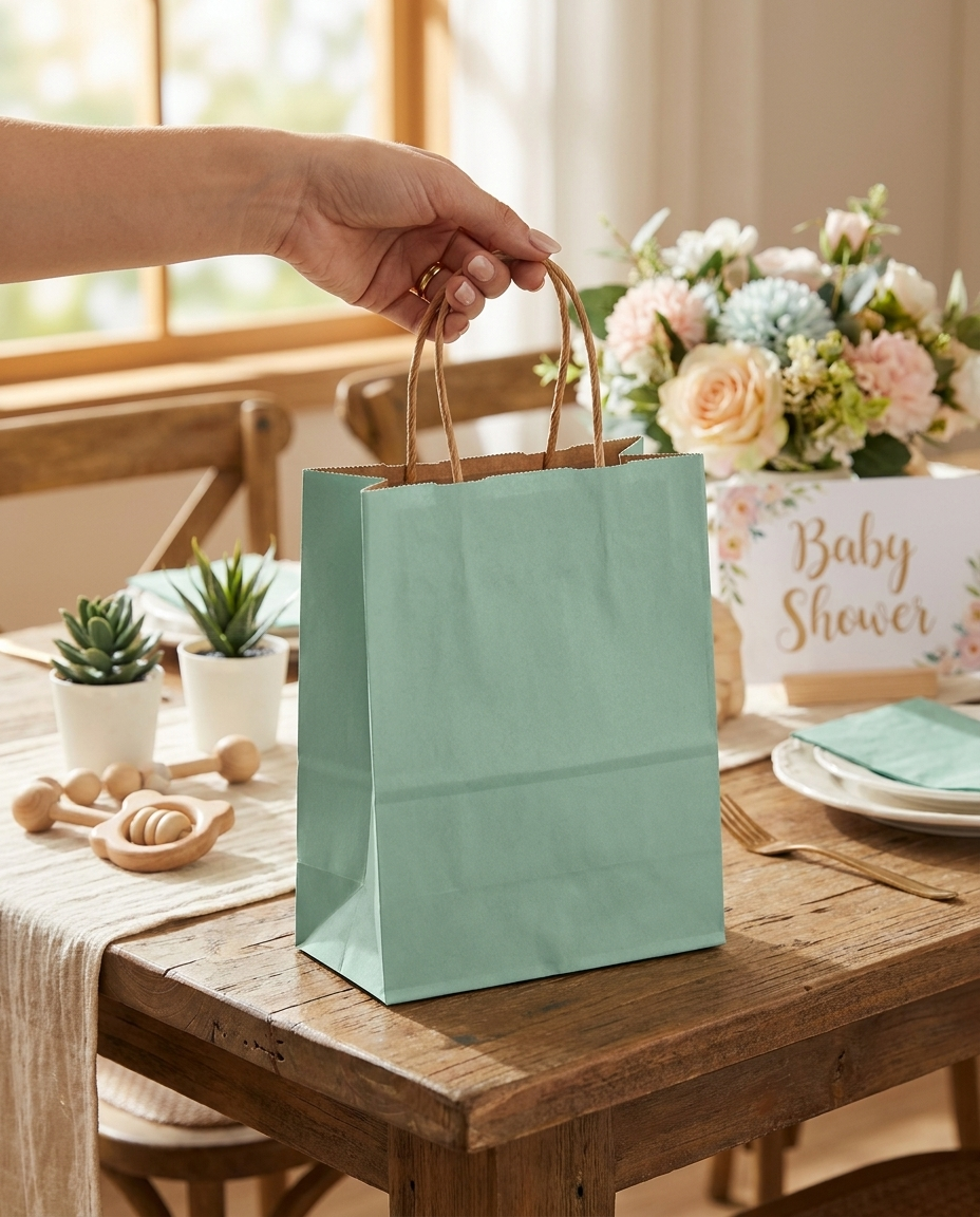 Hand holding a seafoam green gift bag at a baby shower table
