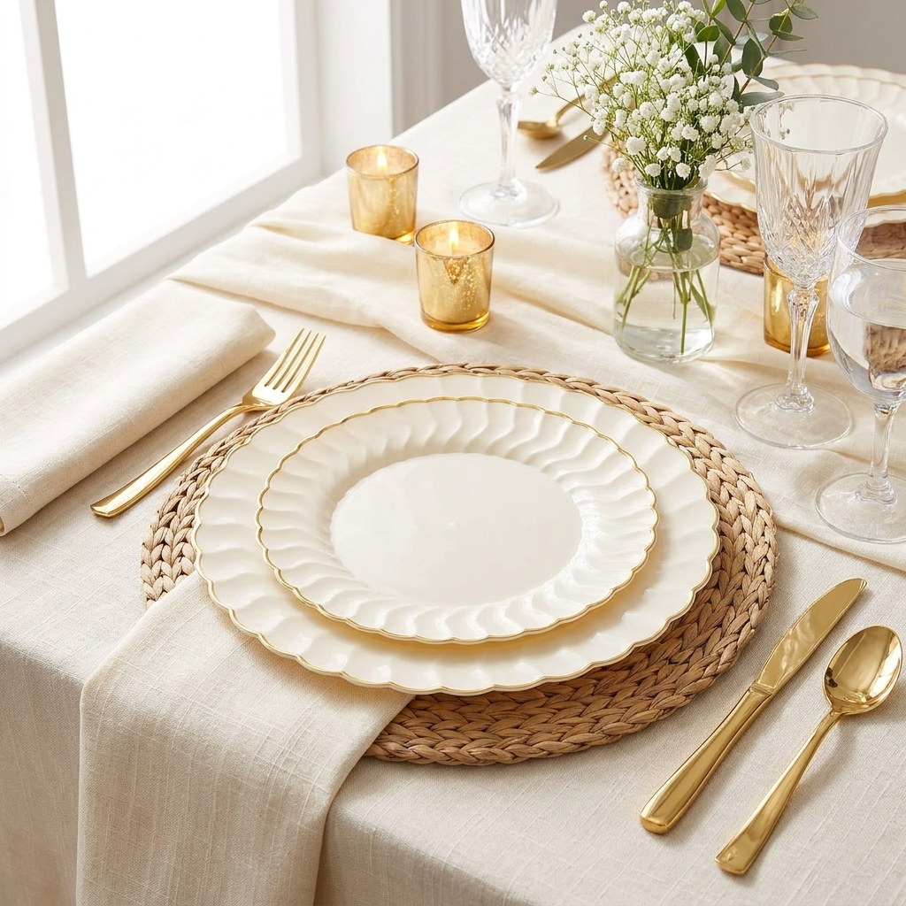 Ivory scalloped gold-rim plate wedding place setting with gold cutlery