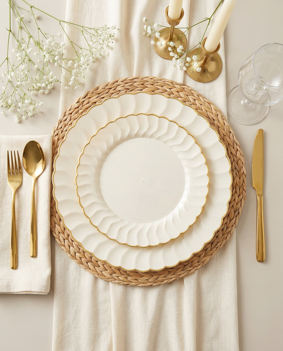 Overhead flat-lay of ivory scalloped gold-rim place setting with baby's breath