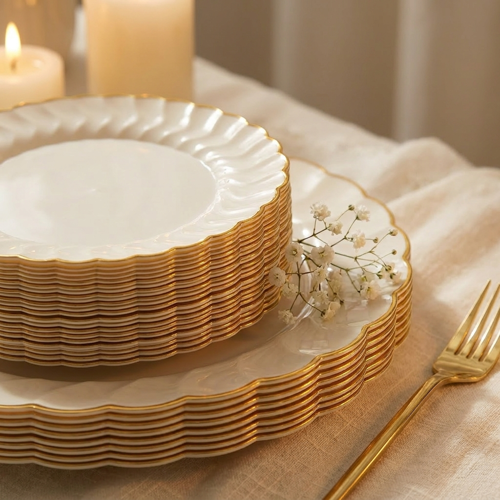 Close-up of stacked ivory scalloped plates with gold trim