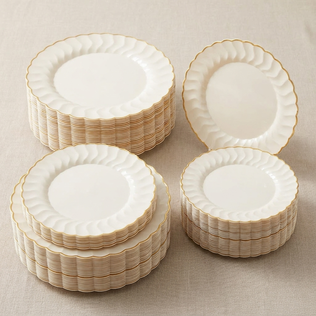 Full 160-piece ivory scalloped gold-rim dinnerware set