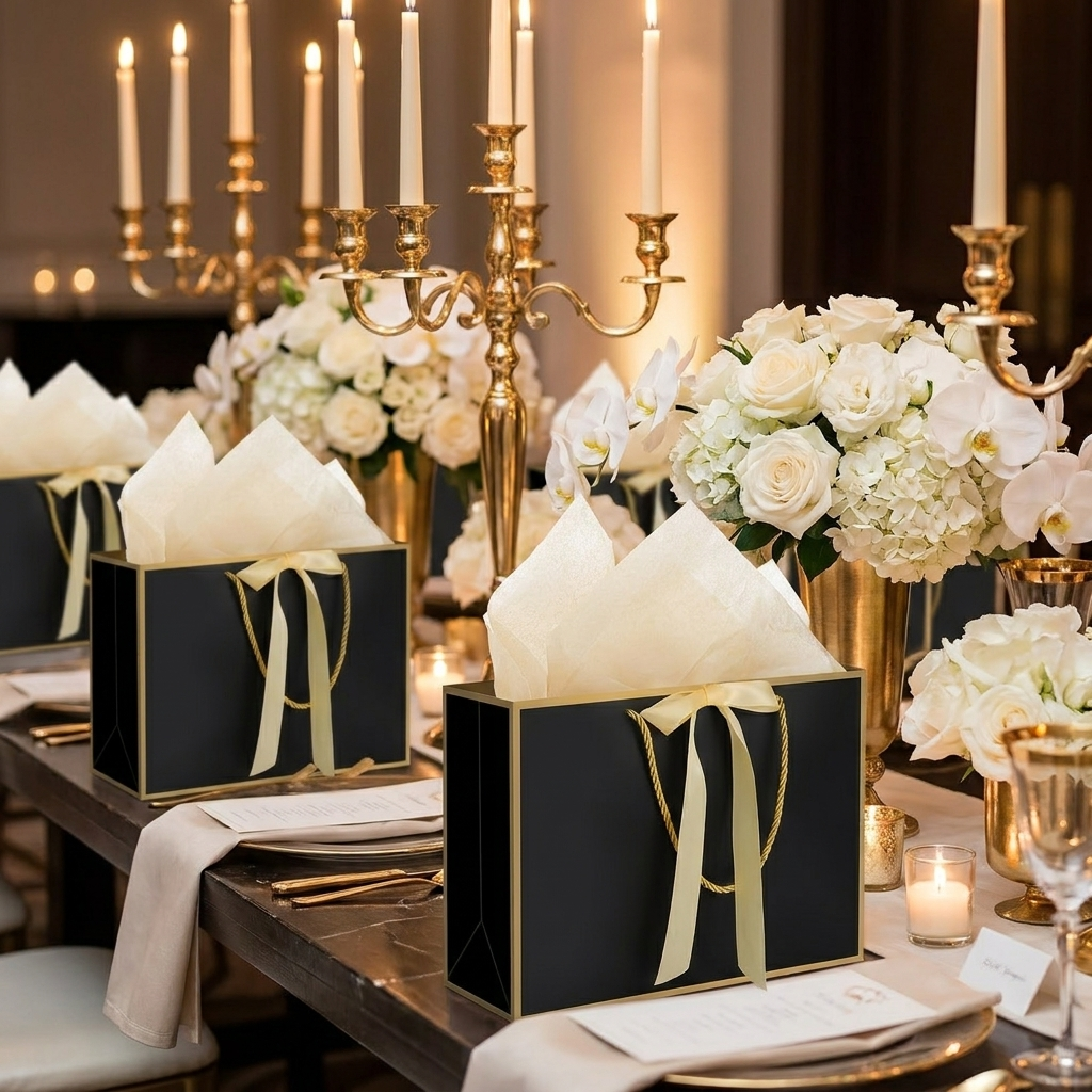 Black and gold gift bags as luxury favors on a chic table